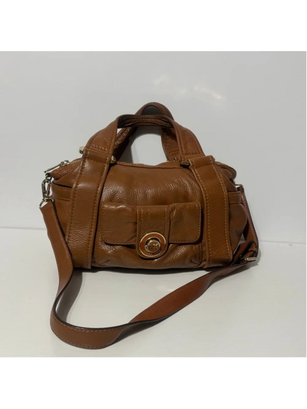 Michael Kors Brown Pebbled Leather Satchel Crossbody Bag Gold Hardware